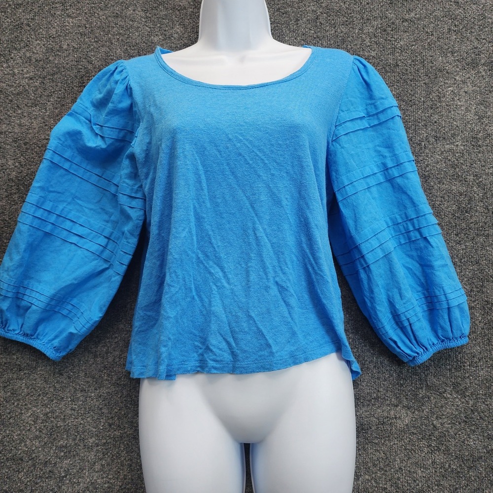 Chico's Womens Linen Cotton Pintuck Puff Sleeve Boho Blouse Coastal Size 1 M Fit